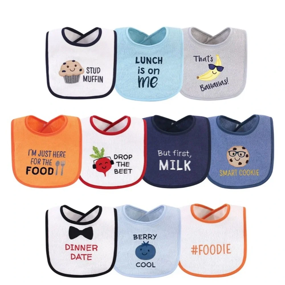 Hudson Baby Infant Boy Cotton Terry Drooler Bibs with Fiber Filling 10pk